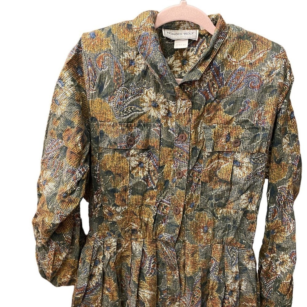 Vintage Howard Wolf Abstract Floral Button Down Dress 80s designer size 12 - Picture 3 of 9